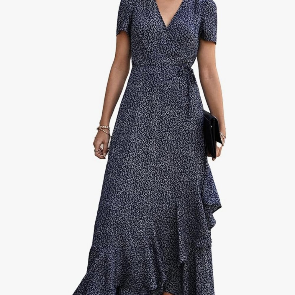 NWT Ladies XL Pretty Garden maxi wrap dress blue white flowers short sleeve NEW